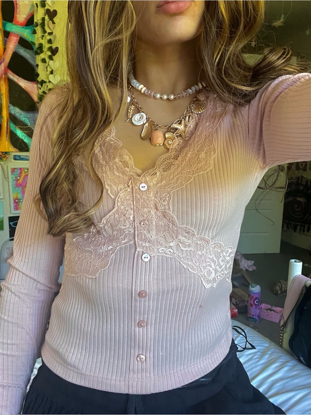 Old Navy Lace-Trim Ribbed Button Top - Light Pink
